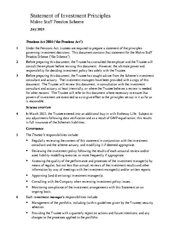 SIP MAKRO UK Staff Pension Scheme